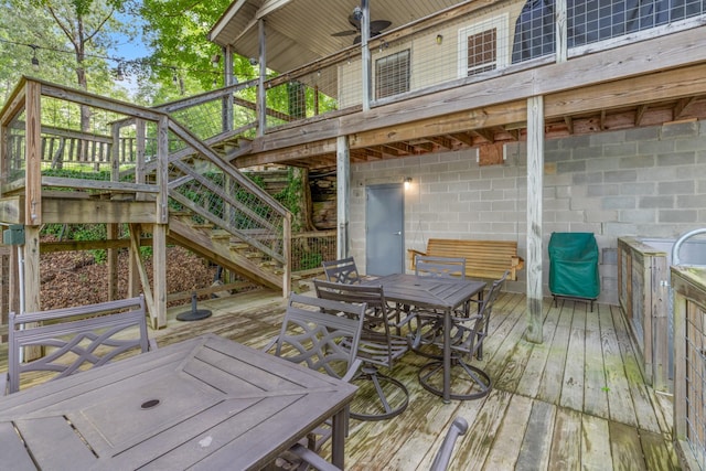 4053 Deer Creek Rd, Linden, TN 37096 - wooden terrace featuring stairs and outdoor dining area