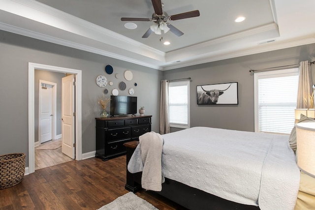 2466 Cason Ln, Murfreesboro, TN 37128 - bedroom with a raised ceiling, wood finished floors, crown molding, baseboards, and recessed lighting