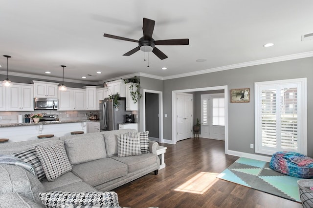 2466 Cason Ln, Murfreesboro, TN 37128 - living room with baseboards, ceiling fan, dark wood finished floors, recessed lighting, and crown molding