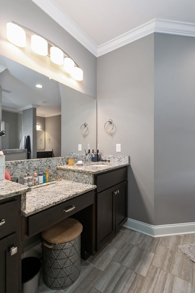 2466 Cason Ln, Murfreesboro, TN 37128 - bathroom featuring crown molding, vanity, wood finished floors, and baseboards