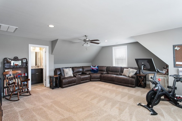 2466 Cason Ln, Murfreesboro, TN 37128 - living area featuring light colored carpet, ceiling fan, recessed lighting, and lofted ceiling