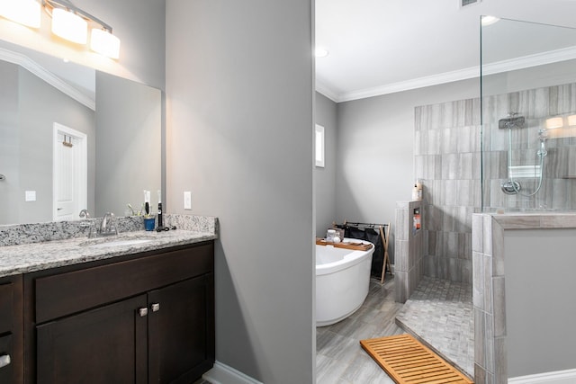 2466 Cason Ln, Murfreesboro, TN 37128 - full bathroom with vanity, a freestanding tub, walk in shower, ornamental molding, and baseboards