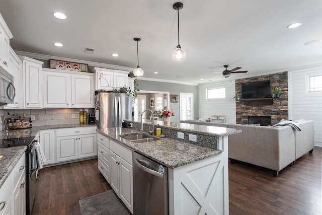 2466 Cason Ln, Murfreesboro, TN 37128 - kitchen with appliances with stainless steel finishes, a sink, ceiling fan, crown molding, and dark wood-style flooring