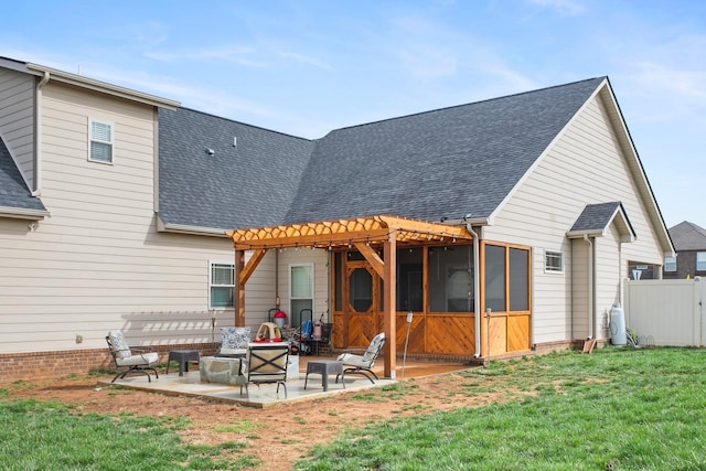 2466 Cason Ln, Murfreesboro, TN 37128 - back of property with a shingled roof, a patio, a pergola, and a sunroom