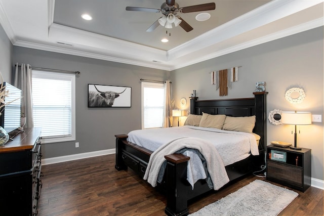 2466 Cason Ln, Murfreesboro, TN 37128 - bedroom with a tray ceiling, wood finished floors, baseboards, crown molding, and ceiling fan