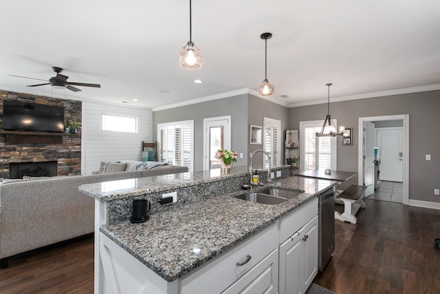 2466 Cason Ln, Murfreesboro, TN 37128 - kitchen with a sink, dark wood-type flooring, stainless steel dishwasher, ceiling fan, and open floor plan