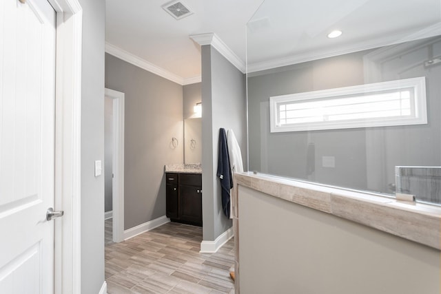 2466 Cason Ln, Murfreesboro, TN 37128 - bathroom featuring vanity, ornamental molding, baseboards, and recessed lighting