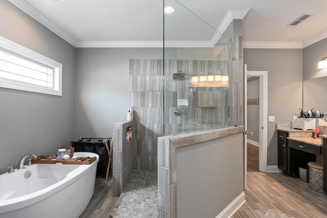 2466 Cason Ln, Murfreesboro, TN 37128 - full bathroom with a soaking tub, a walk in shower, crown molding, vanity, and wood finished floors
