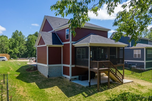 301 Evans Dr, Tullahoma, TN 37388 - rear view of property featuring a sunroom, roof with shingles, a patio area, stairs, and crawl space