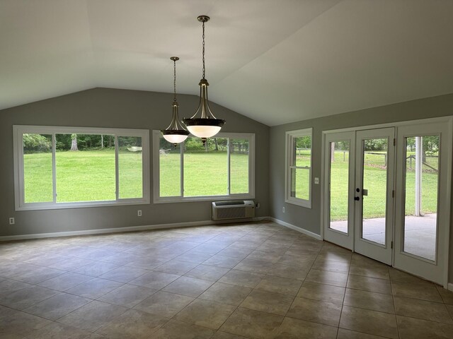 2306 Raspberry Ln, Lebanon, TN 37087 - unfurnished sunroom featuring french doors, an AC wall unit, and vaulted ceiling