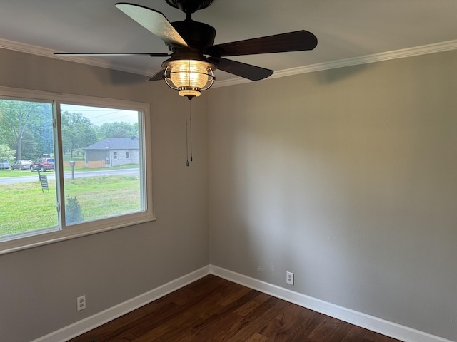 2306 Raspberry Ln, Lebanon, TN 37087 - spare room featuring baseboards, dark wood-style flooring, crown molding, and a ceiling fan