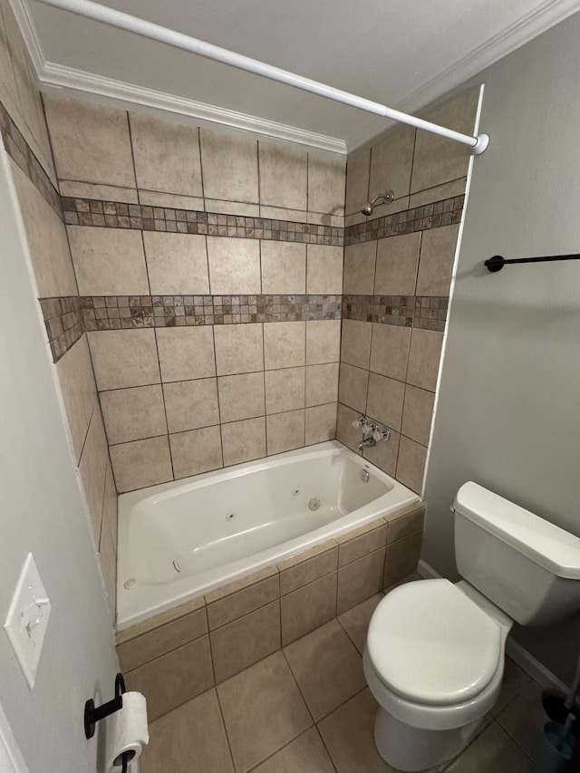 2306 Raspberry Ln, Lebanon, TN 37087 - bathroom with toilet, a combined bath / shower with jetted tub, crown molding, and tile patterned flooring