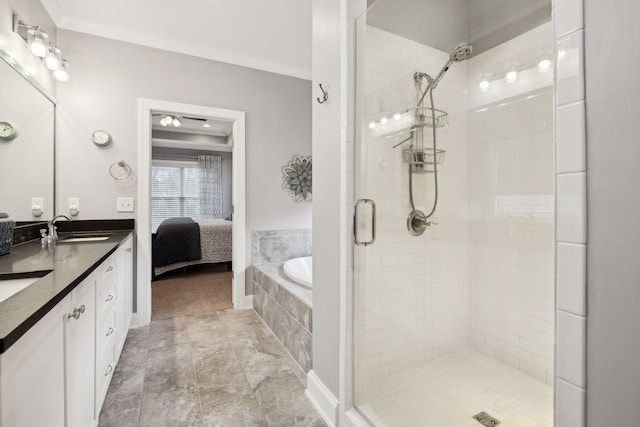 217 Valley Bend Dr, Nashville, TN 37214 - full bathroom with a stall shower, a bath, double vanity, ensuite bath, and ornamental molding