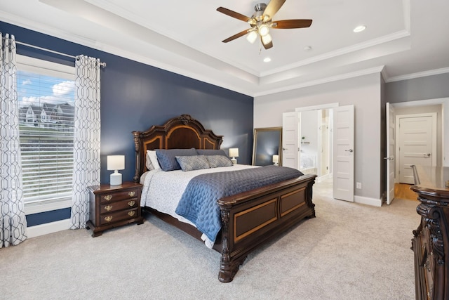 217 Valley Bend Dr, Nashville, TN 37214 - bedroom with light colored carpet, a tray ceiling, multiple windows, baseboards, and crown molding