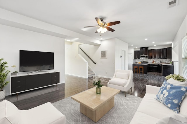 2003 Allerton Way, Spring Hill, TN 37174 - living room with wood finished floors, stairs, recessed lighting, a ceiling fan, and baseboards