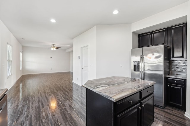 2003 Allerton Way, Spring Hill, TN 37174 - kitchen with stainless steel fridge, dark cabinets, ceiling fan, dark wood finished floors, and recessed lighting