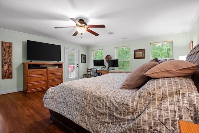 204 Chapman Ct, La Fayette, GA 30728 - bedroom with dark wood-style floors, crown molding, baseboards, a ceiling fan, and access to outside