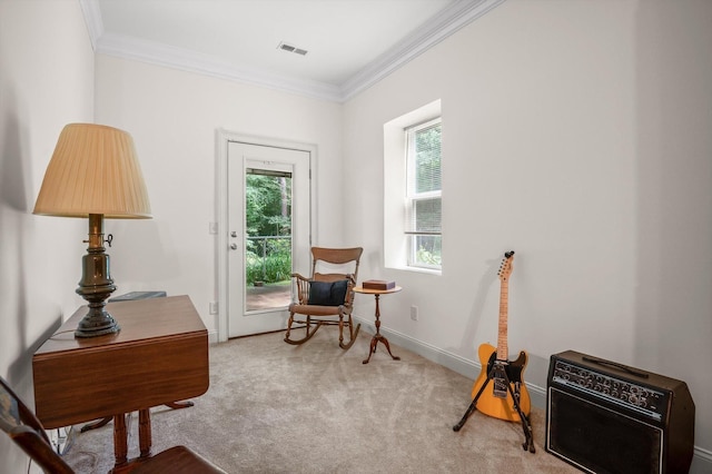 204 Chapman Ct, La Fayette, GA 30728 - living area featuring carpet flooring, ornamental molding, heating unit, and baseboards