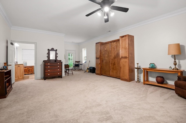 204 Chapman Ct, La Fayette, GA 30728 - bedroom featuring ornamental molding, light carpet, a ceiling fan, and ensuite bath