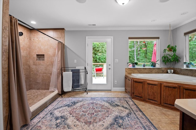 204 Chapman Ct, La Fayette, GA 30728 - full bathroom with a tile shower, a garden tub, crown molding, tile patterned floors, and recessed lighting