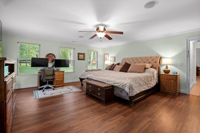 204 Chapman Ct, La Fayette, GA 30728 - bedroom with dark wood-style flooring, crown molding, baseboards, ceiling fan, and an office area