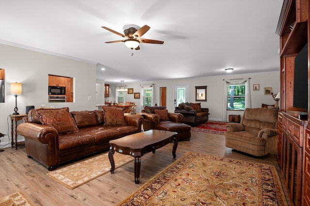 204 Chapman Ct, La Fayette, GA 30728 - living area with light wood-style floors, a ceiling fan, and ornamental molding