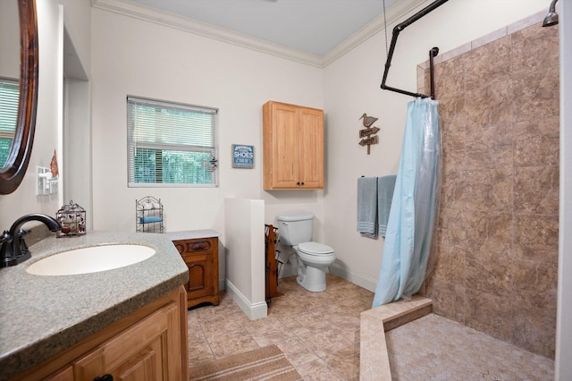 204 Chapman Ct, La Fayette, GA 30728 - bathroom with crown molding, vanity, a tile shower, toilet, and tile patterned floors