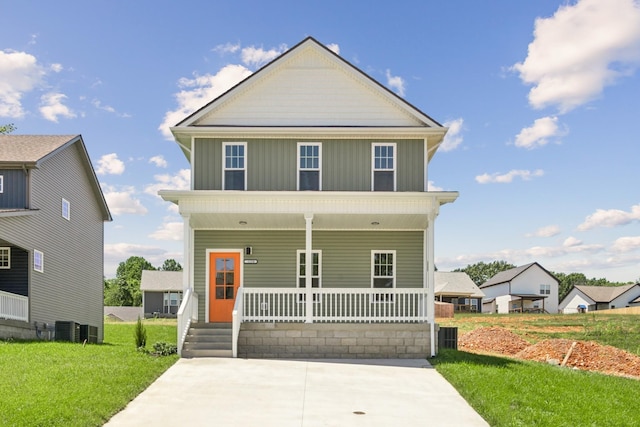1441 Isaiah Dr, Clarksville, TN 37042 - view of front of house with board and batten siding, a porch, central air condition unit, and a front lawn