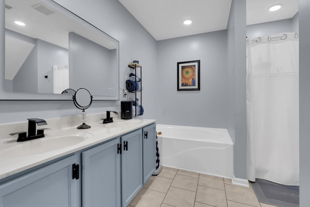 681 Crescent Rd, Murfreesboro, TN 37128 - bathroom with double vanity, tile patterned floors, a garden tub, and curtained shower