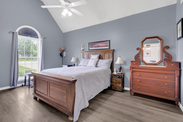 681 Crescent Rd, Murfreesboro, TN 37128 - bedroom with baseboards, wood finished floors, high vaulted ceiling, and ceiling fan