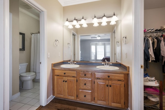 4974 Smiley Rd, Chapel Hill, TN 37034 - full bath with crown molding, double vanity, toilet, tile patterned floors, and ceiling fan