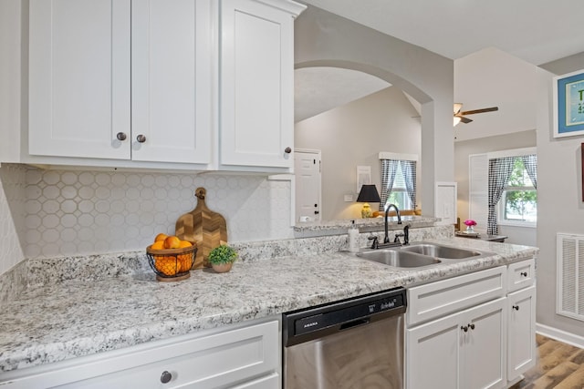 736 Verona Ave, Lewisburg, TN 37091 - kitchen featuring dishwasher, a sink, white cabinetry, tasteful backsplash, and ceiling fan