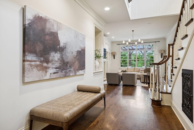 1616 Championship Blvd, Franklin, TN 37064 - corridor featuring dark wood finished floors, stairway, baseboards, ornamental molding, and recessed lighting