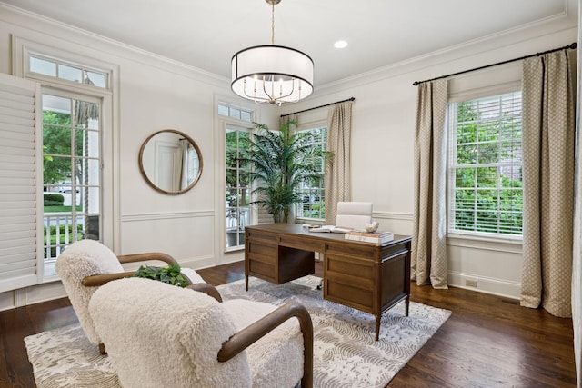 1616 Championship Blvd, Franklin, TN 37064 - home office with ornamental molding, a chandelier, wood finished floors, and baseboards