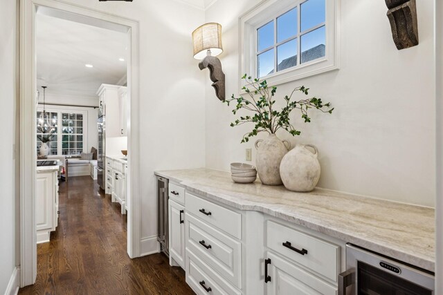 1616 Championship Blvd, Franklin, TN 37064 - hall featuring wine cooler, healthy amount of natural light, dark wood-style floors, crown molding, and recessed lighting