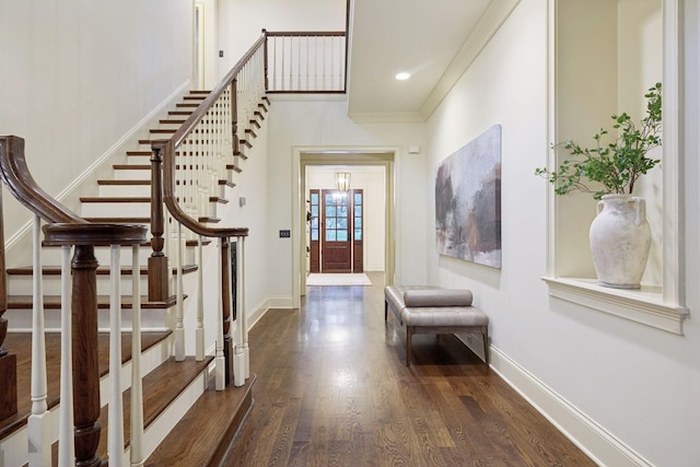 1616 Championship Blvd, Franklin, TN 37064 - foyer entrance with dark wood-type flooring, baseboards, stairway, ornamental molding, and recessed lighting