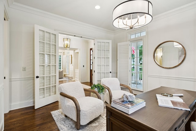 1616 Championship Blvd, Franklin, TN 37064 - office featuring a chandelier, french doors, crown molding, wood finished floors, and baseboards