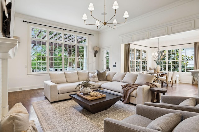 1616 Championship Blvd, Franklin, TN 37064 - living area featuring a chandelier, dark wood-style flooring, ornamental molding, and baseboards