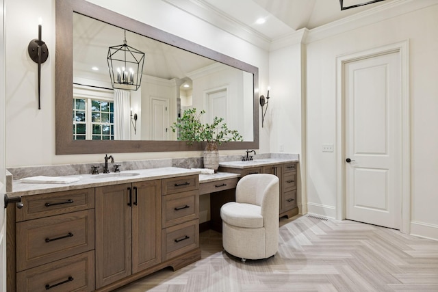 1616 Championship Blvd, Franklin, TN 37064 - bathroom featuring vanity, crown molding, a chandelier, baseboards, and recessed lighting