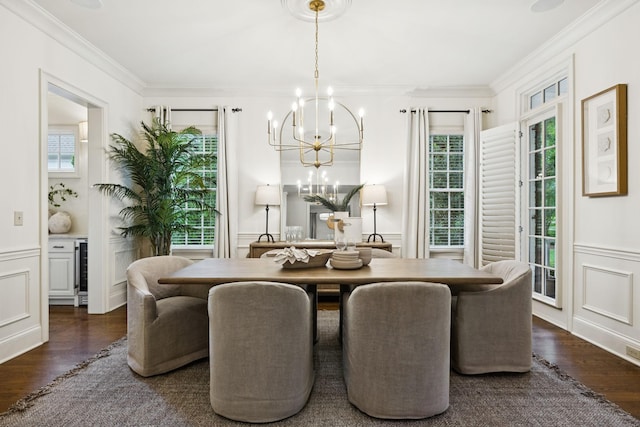 1616 Championship Blvd, Franklin, TN 37064 - dining area featuring a decorative wall, a chandelier, dark wood-style floors, ornamental molding, and a wainscoted wall
