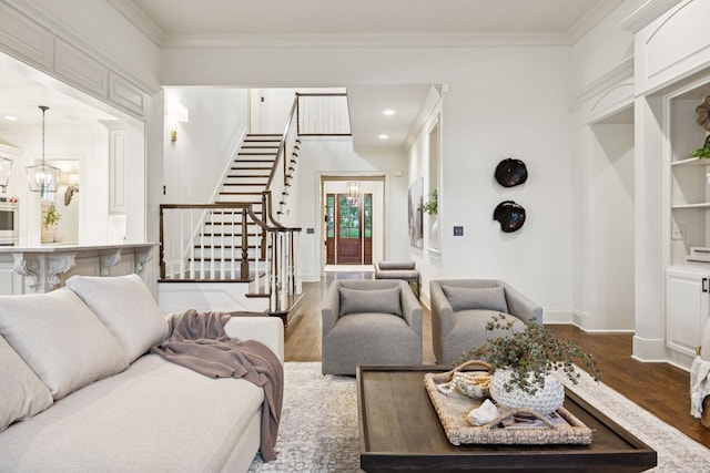 1616 Championship Blvd, Franklin, TN 37064 - living area featuring wood finished floors, stairs, ornamental molding, recessed lighting, and baseboards
