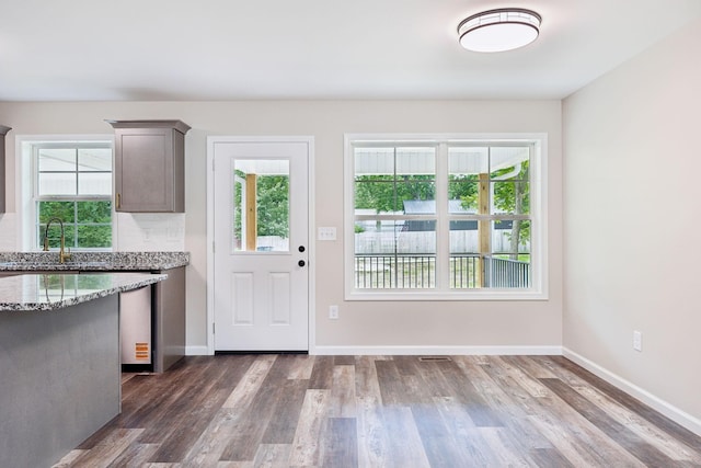 304 S Maple St, Hohenwald, TN 38462 - kitchen featuring a sink, light stone counters, dark wood-style flooring, and baseboards