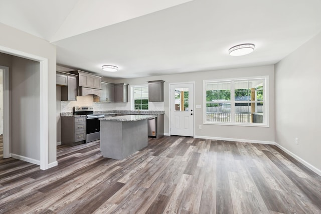 304 S Maple St, Hohenwald, TN 38462 - kitchen with stainless steel appliances, custom exhaust hood, dark wood-style flooring, a center island, and baseboards