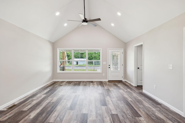 304 S Maple St, Hohenwald, TN 38462 - unfurnished living room featuring ceiling fan, high vaulted ceiling, baseboards, dark wood-style flooring, and recessed lighting