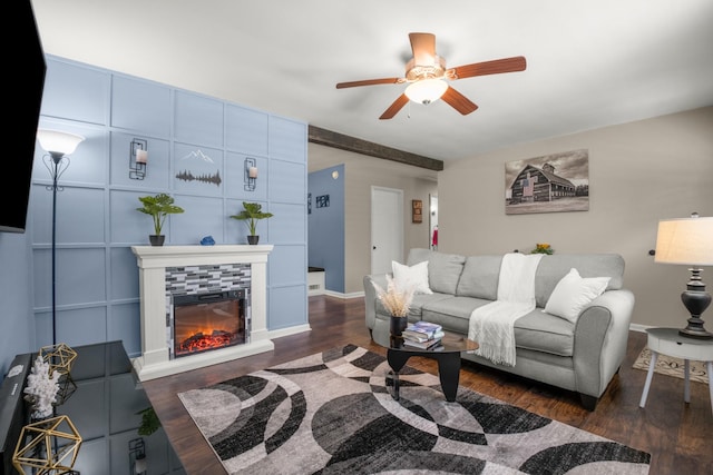 708 Tumbleweed Trl, Mount Juliet, TN 37122 - living area featuring a ceiling fan, a tile fireplace, dark wood finished floors, and baseboards
