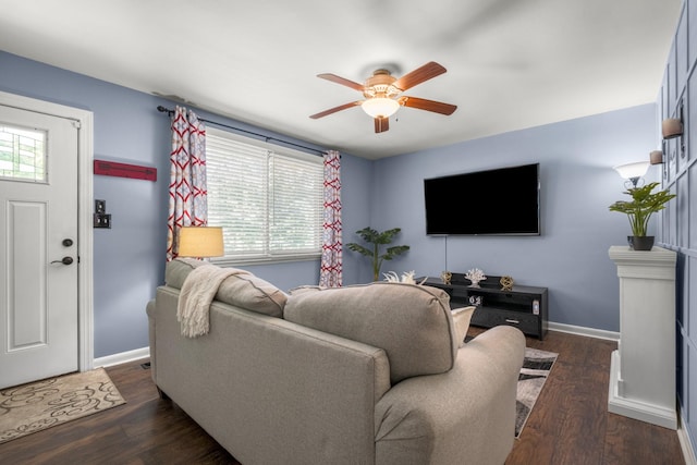 708 Tumbleweed Trl, Mount Juliet, TN 37122 - living area featuring ceiling fan, dark wood-style flooring, and baseboards