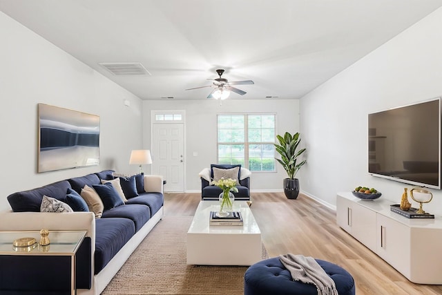 913 Battleview Pl, Murfreesboro, TN 37128 - living room with light wood-style floors, a ceiling fan, and baseboards