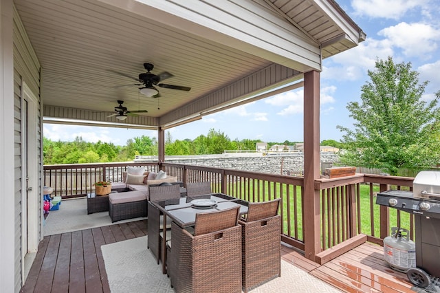 201 Hart Ln, Lebanon, TN 37087 - deck with area for grilling, an outdoor living space, ceiling fan, and outdoor dining space