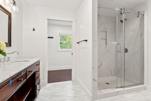 1508 Barnes Dr, Cookeville, TN 38501 - full bathroom with marble look tile flooring, vanity, a marble finish shower, and baseboards