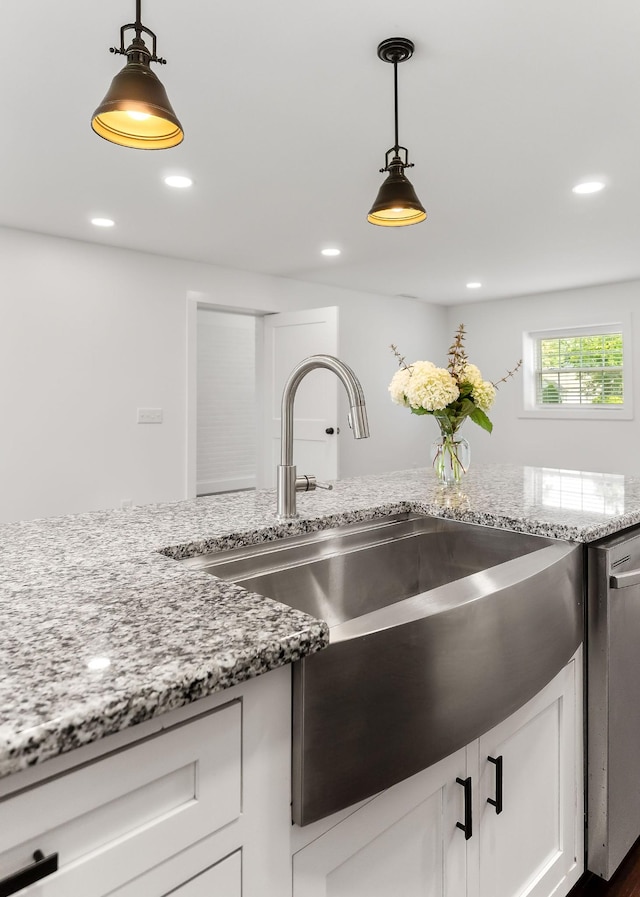1508 Barnes Dr, Cookeville, TN 38501 - kitchen with a sink, stainless steel dishwasher, light stone countertops, pendant lighting, and recessed lighting